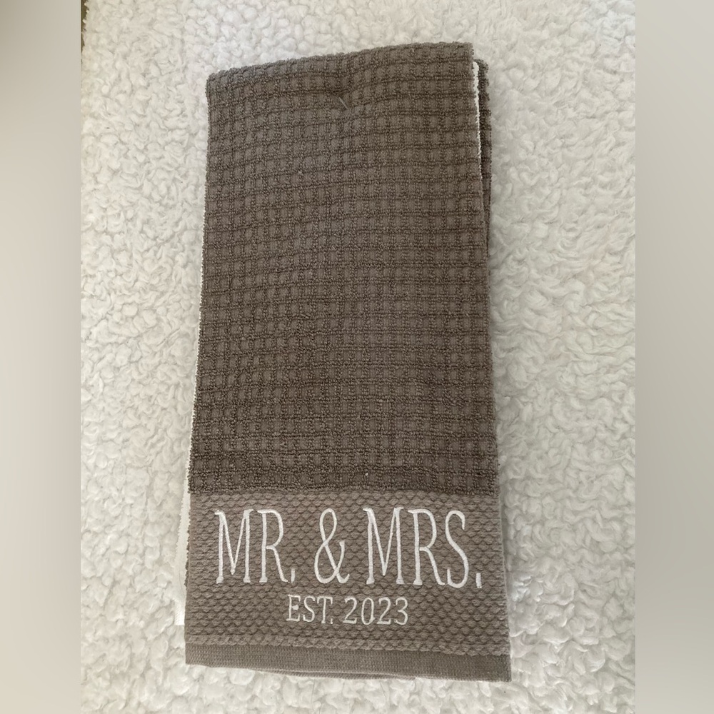 Mr. & Mrs. 2023 grey and white Deborah Connolly hand towels, set of 3